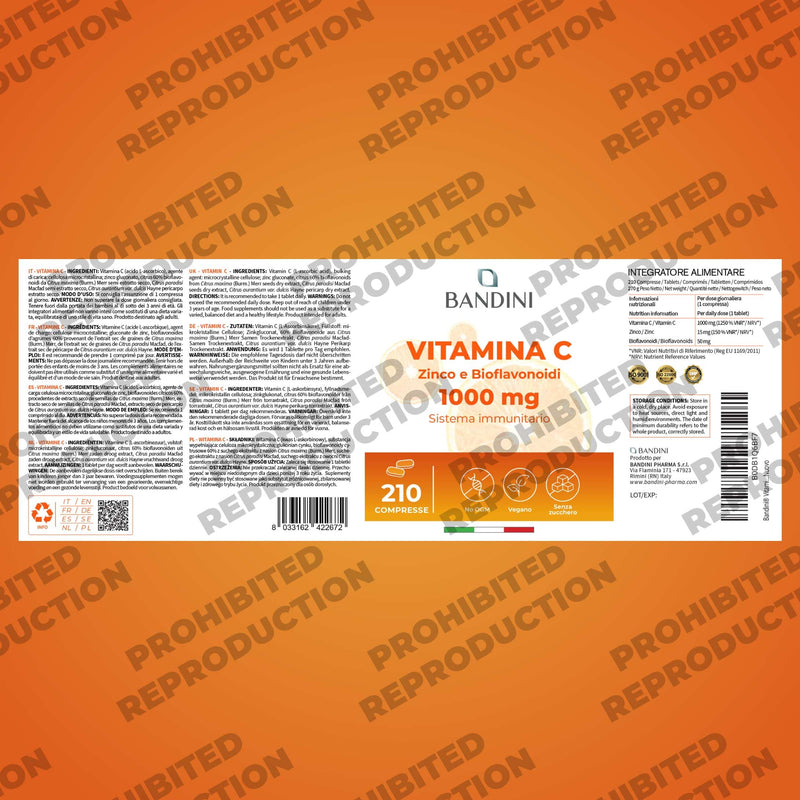 Bandini® Vitamin C 1000mg + Zinc + Bioflavonoids | 1 Tablet per Day | Supports Immune System & Reduces Fatigue | Skin, Bones, Nails, Hair | High Strength Supplement with Pure Vit C | 210 Vegan Tablets