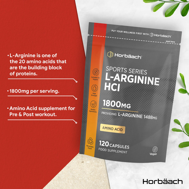 L-Arginine 1800mcg | 120 High Strength Capsules | Amino Acid Supplement for Pre and Post Workout | Keto Diet Friendly | by Horbaach