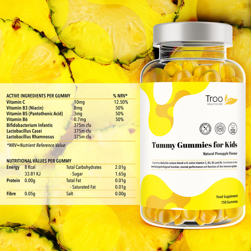 Troo Health Care Tummy Gummies Probiotics with Vitamins for Kids & Adults - 150 Natural Pineapple Active Bacteria Gummies with Vitamin C, B3, B5 & B6 to Support Immune Function & Mental Development 150 count (Pack of 1)