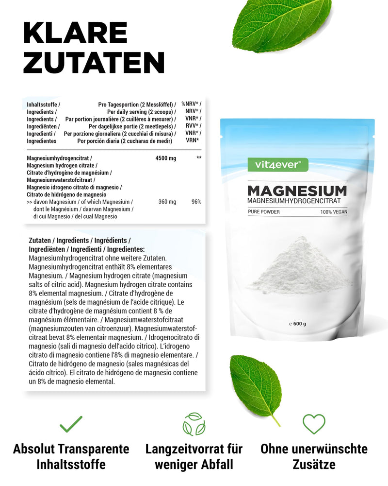 [Australia] - Magnesium Pure - 600 g powder (4.3 months supply) - Laboratory tested (active ingredient content & purity) - Pure powder without additives - Premium quality - Vegan 600 g (pack of 1) 