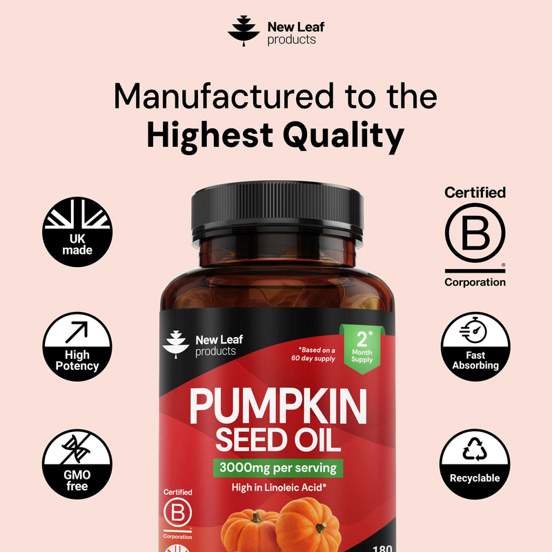 Pumpkin Seed Oil Capsules 3000mg - 100% Cold Pressed – 180 Softgels – 1500mg Linoleic Acid - Omega 6-Pumpkin Seed Oil for Hair Growth - UK Made By New Leaf Products 50% Linoleic Acid