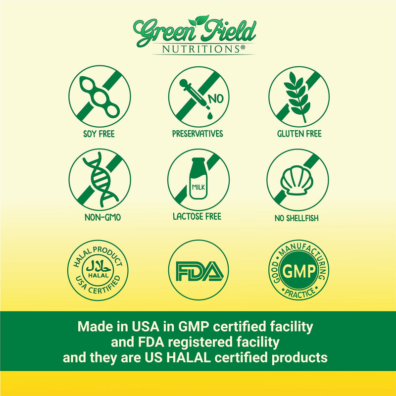 Greenfield Nutritions Halal Fish Oil 1000mg, 300mg Halal Omega 3, Small Wild Peruvian Fish Oil Halal Vitamins, EPA 180 mg & DHA 120mg, Non-GMO, Gluten Free, Support Brain & Heart Health, 120 Pills