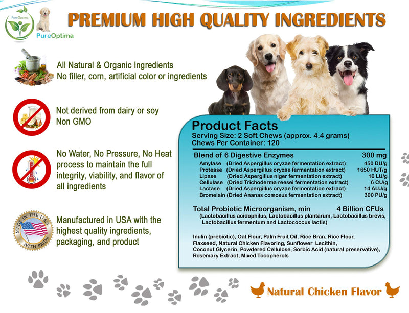 Probiotics Chews for Dogs, Digestive Enzymes + Prebiotics Improves Digestion, Diarrhea, Constipation, Gas, Bad Breath, Leaky Gut, Allergy Immunity Daily Supplement 120 Counts - PawsPlanet Australia