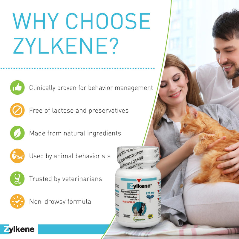 Vetoquinol Zylkene Calming Support Supplement for Medium Dogs 33-65lbs Helps Promote Relaxation and Reduce External Stress Factors, Daily Behavioral Support and Anxiety Relief for Dogs, 225mg 30 Capsules - PawsPlanet Australia