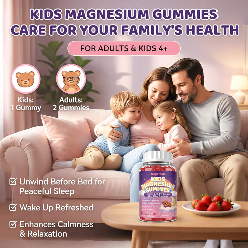 Magnesium Calming Gummies for Kids & Adults, Magnesium Complex with L-Theanine, Vitamin C, K2, D3, Omega-3, GABA, Chamomile for Sleep, Stress Relief, Muscle,Calm & Relaxation,Strawberry Flavor,120Ct Strawberry 120 Count (Pack of 1)