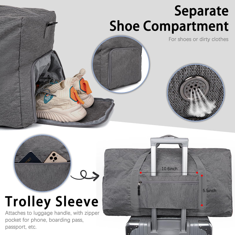 65L Foldable Duffle Bag with Shoe Compartment - Large Travel Duffel Bag for Men & Women, Packable Weekend Bag with Trolley Sleeve, Water-Resistant & Lightweight Gym Bag for Travel, Sports（Grey） Grey