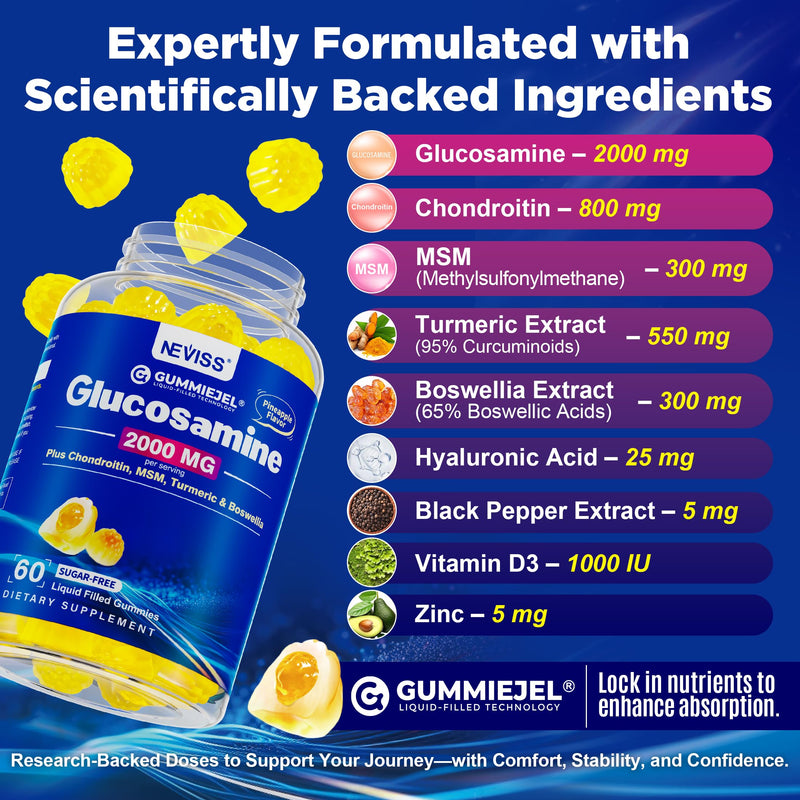NEVISS Glucosamine Chondroitin Gummies with MSM & Turmeric, Sugar Free | Extra Strength Glucosamine Supplement with Boswellia, Hyaluronic Acid, Vitamin D3 & Zinc, Pineapple Flavor, 120Cts 60 Count (Pack of 2)