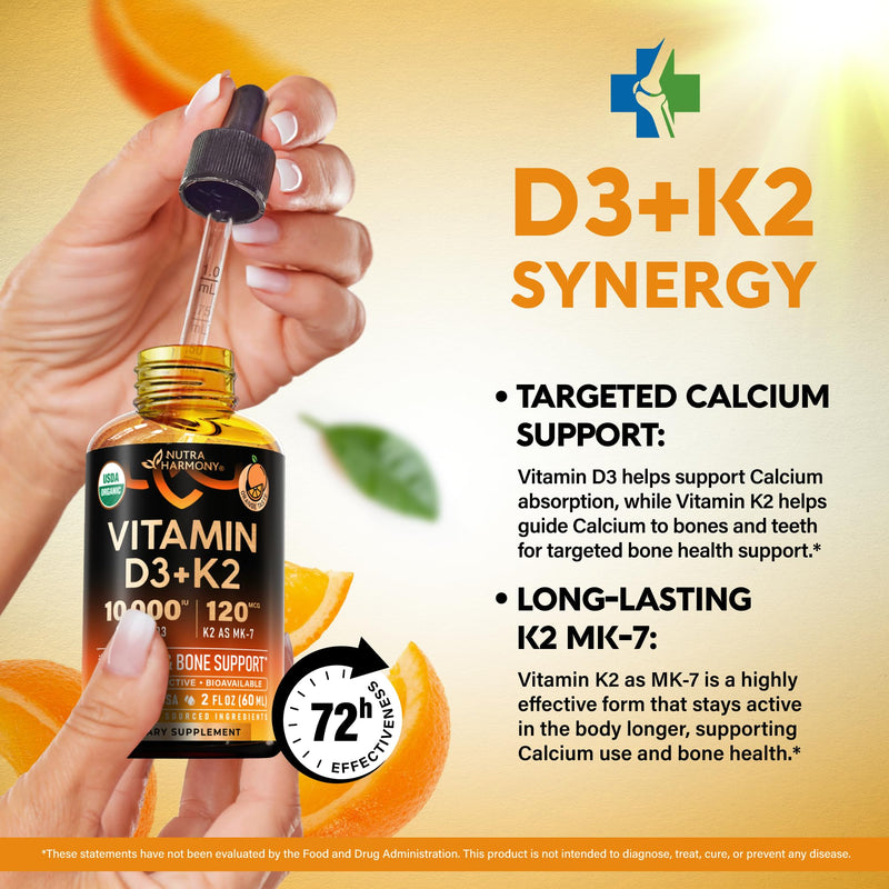 Vitamin D3 K2 USDA Organic Drops - Vitamin D3 10000 IU & K2 120mcg - 2 OZ | Immune & Mood Support, Bone & Teeth Health - Sugar-Free, Orange Flavor - Liquid Supplement for Men & Women - 60-Day Supply 2 Fl Oz (Pack of 1)