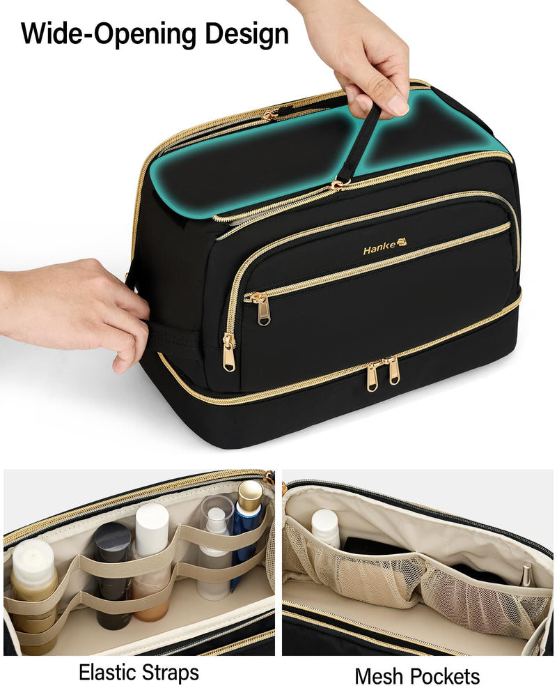 Hanke Travel Toiletry Bag, Lightweight Wide-open Makeup Bag, Dual-Layer Travel Bag for Toiletries Water-Resistant Cosmetic Bags Large Toiletry Bags for Women & Men, Travel Essentials, Black