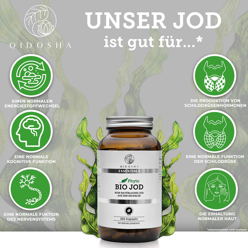[Australia] - QIDOSHA® Iodine from organic kelp, 365 capsules in a pharmacist jar, vegetable iodine from organic kelp algae, vegan, each batch laboratory tested, German production 