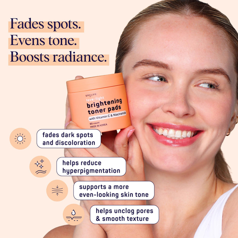 SpaLife Brightening Korean Toner Pads | For Uneven Skin Tone, Dark Spots & Discoloration, Clogged Pores, Dullness with Vitamin C, Niacinamide | Pre-Soaked Pads | 60 Count Love + Light Brightening