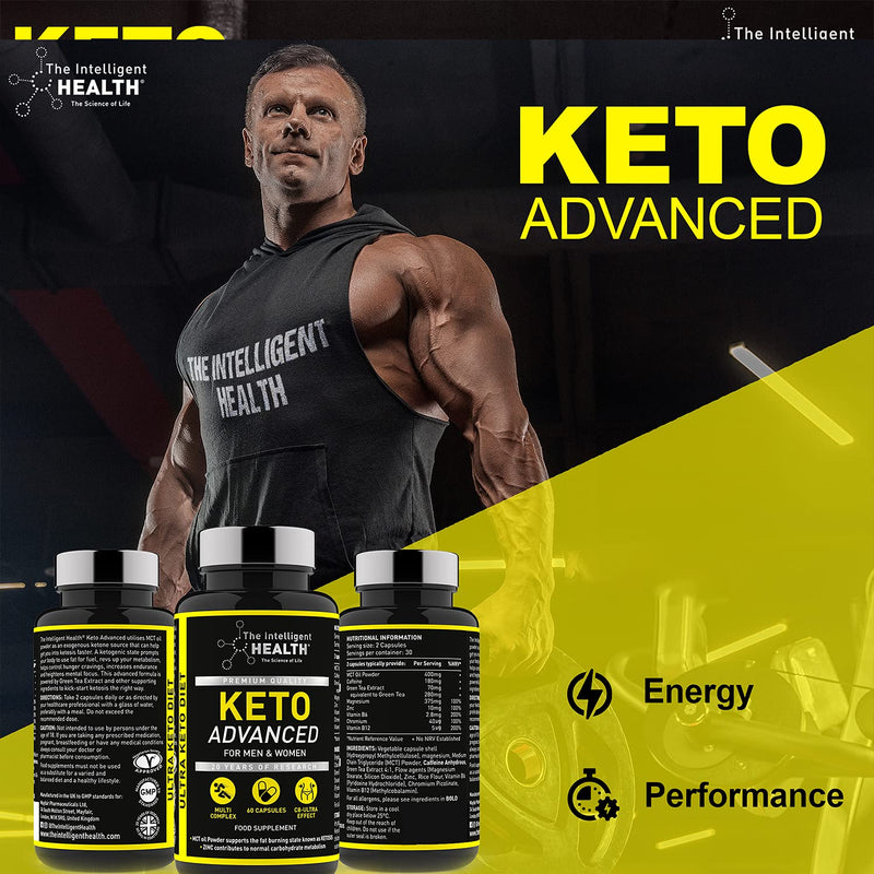 The Intelligent Health Keto Advanced - Keto Diet Capsules with Electrolytes - C8 MCT Oil Food Supplement - Green Tea Extract for Men & Women - 60 Capsules