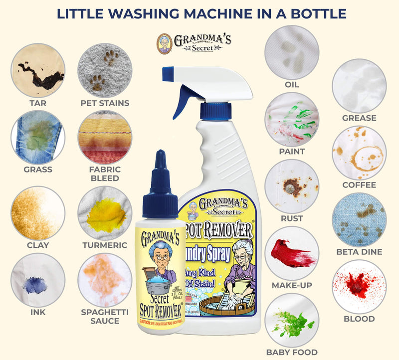 [Australia] - Grandma's Secret Spot Remover Laundry Spray - Chlorine, Bleach and Toxin-Free for Clothes - Fabric Stain Remover Removes Oil, Paint, Blood and Pet Stains - 16 oz & 2 oz Combo, DuoPack 