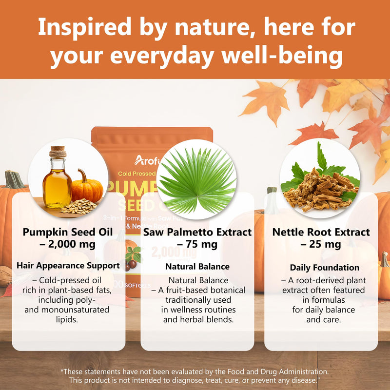 [Australia] - Pumpkin Seed Oil with Saw Palmetto & Nettle Root - 2000 mg per Serving, 300 Softgels for Hair Vitality Support, Herbal Blend for Daily Wellness, Plant-Based & Gluten-Free 300 Count (Pack of 1) 