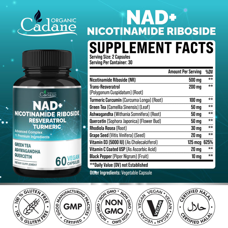Organic Cadane 11-in-1 Nicotinamide Riboside Supplement with Trans-Resveratrol, Turmeric Curcumin & 8 More | Cellular Wellness Support | Vegan, Non-GMO – 60 Capsules for 30 Days