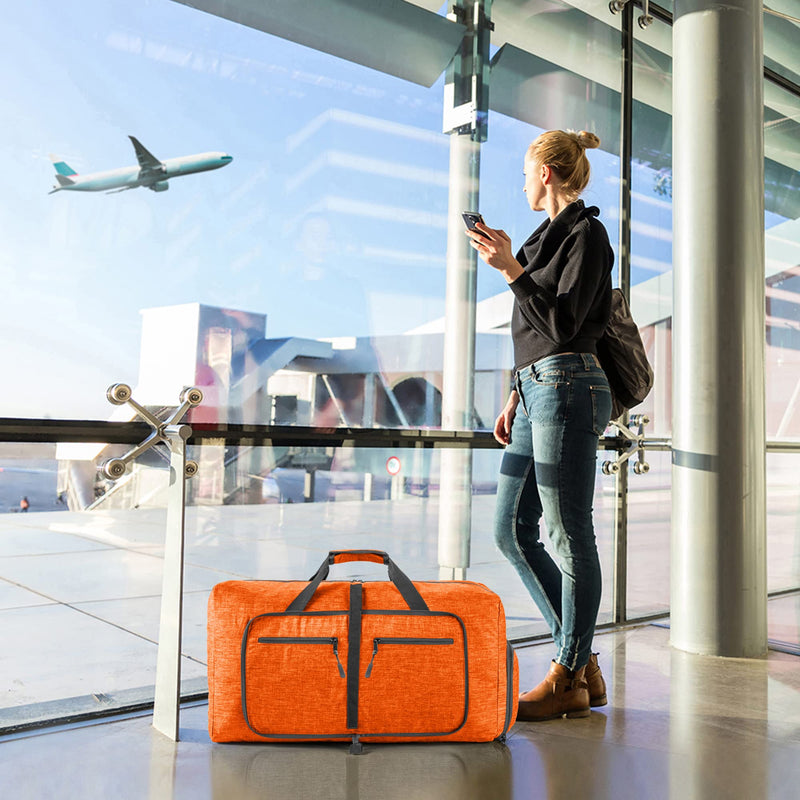 Vomgomfom 65L/85L/115L Foldable Travel Duffle Bag with Shoe Compartment | Tear-Resistant 600D Polyester, Only 1.06 lb, Folds Into Compact Pouch, 5 Zip Pockets, Trolley Sleeve, Gym & Weekend Ready L Orange 115L
