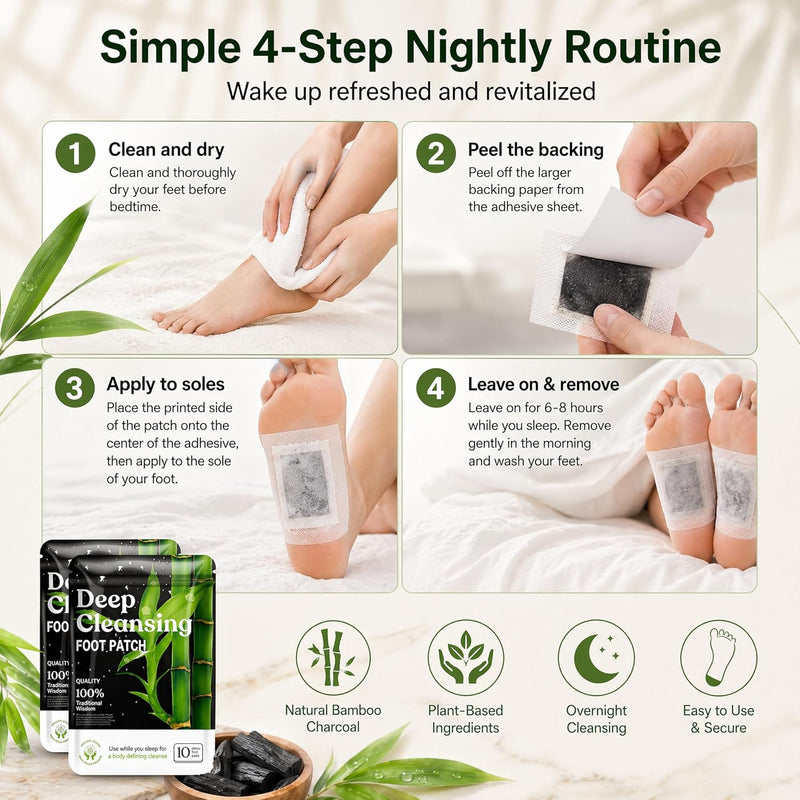 20 Pcs Deep Cleansing Foot Patches, Natural Bamboo Vinegar Plant Extract Foot Pads for Relaxing Foot Care, Self Care Stickers for Home Use - Foot Care Essentials