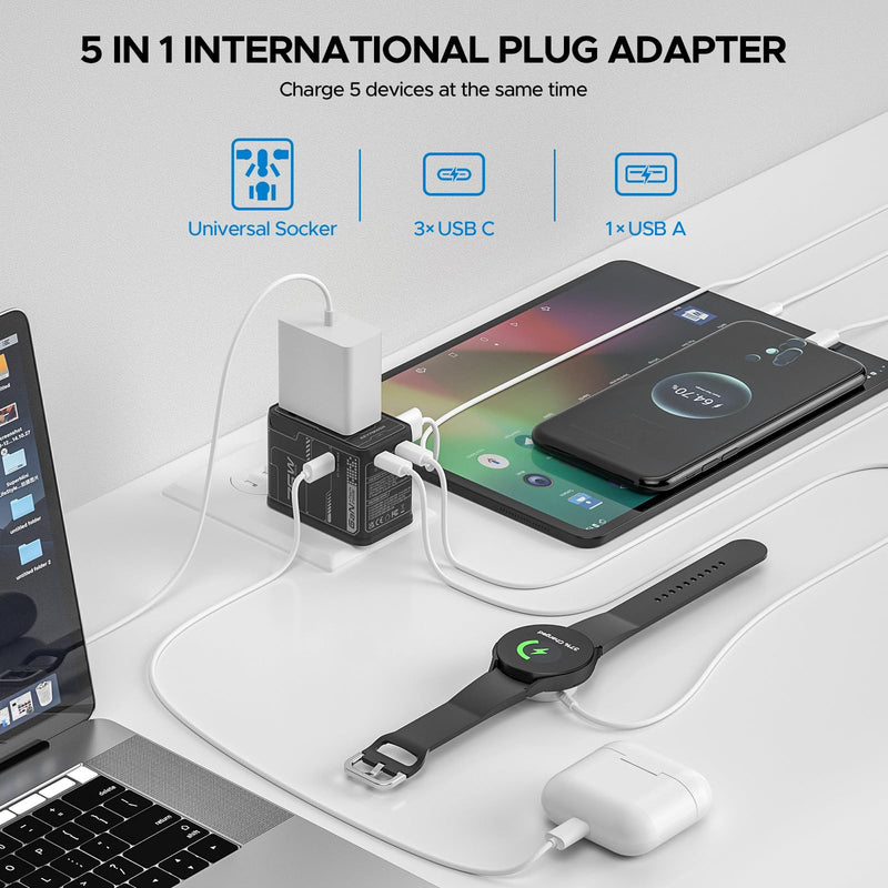 Universal Travel Adapter 75W GaN, International Power Adapter | All in One Travel Plug Adapter with 3 USB C, 1 USB A, Worldwide Outlet Wall Charger Converter for EU US UK AU 200+ Countries.