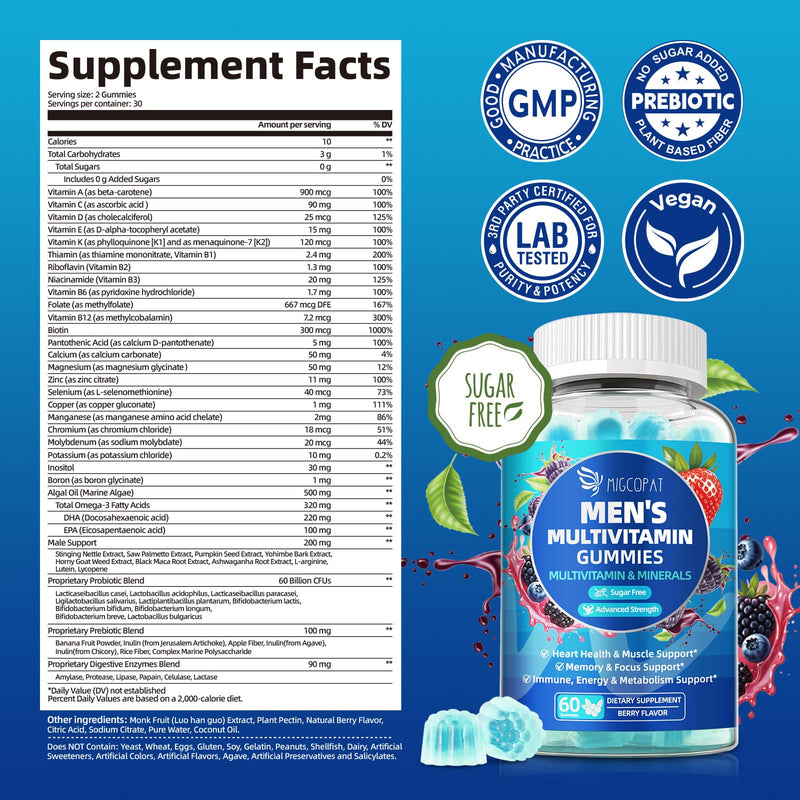 Migcopat 2-Pack Multivitamin for Men, Mens Multivitamins Gummies w/Omega-3, Probiotics, Inositol, Folate, Male Support Blend, Vitamins A, C, D, E, B - Support Heart, Brain, Muscle, Energy, Sugar-Free 120 Count (Pack of 1)