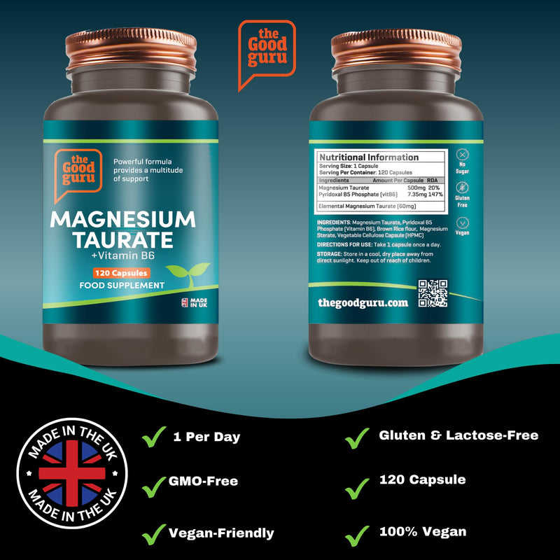 Magnesium Taurate Capsules 507mg Supplement with Vitamin B6-2 in 1 Magnesium Taurate Supplement 120 Capsules Support Energy & Muscle Function, Men & Women, 120 Days Supply Heart by The Good Guru
