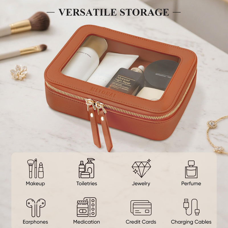 Clear Makeup Bag, Travel Toiletry Bag Cosmetic Case for Women, Waterproof Portable Make Up Skincare Pouch with Zipper, Compact Car Organizer Bag for Essentials, Mini & Medium, Brown Mini+Medium