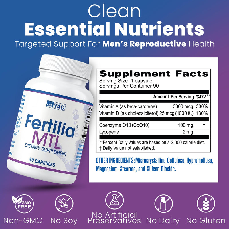 YAD Fertilia MTL Male Fertility Supplement, Sperm Motility, CoQ10 Lycopene | Men's Fertility Vitamins, Sperm Motility Support, CoQ10 & Lycopene, Vitamin A & D, Antioxidant, Non-GMO, 3-Month Supply