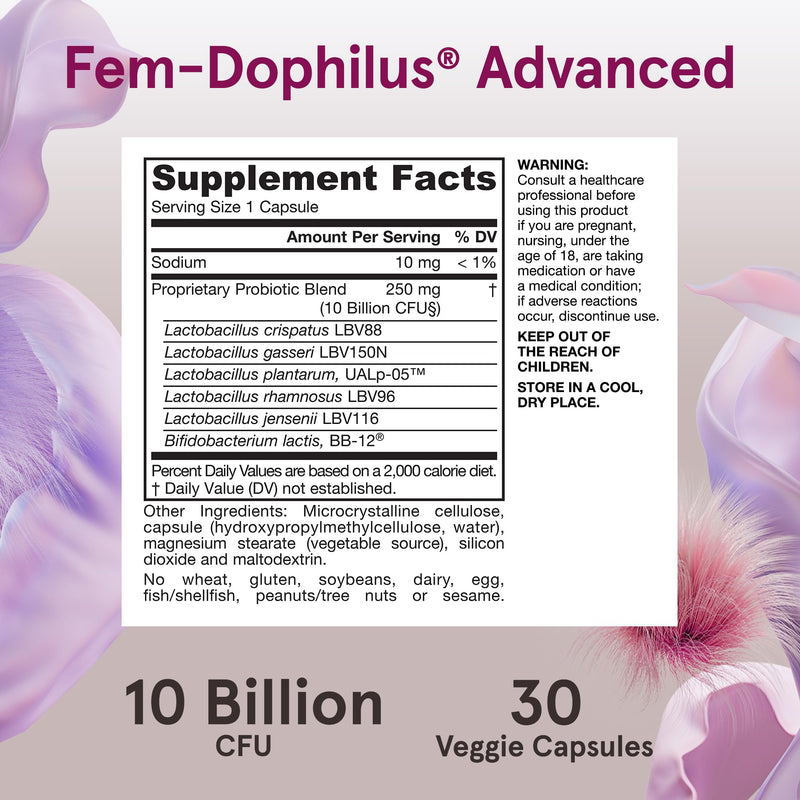 [Australia] - Jarrow Formulas Fem-Dophilus Advanced Probiotics 10 Billion CFU With 6 Science-Backed Strains, Dietary Supplement for Vaginal, Urinary Tract and Digestive Support, 30 Veggie Capsules, 30 Day Supply 