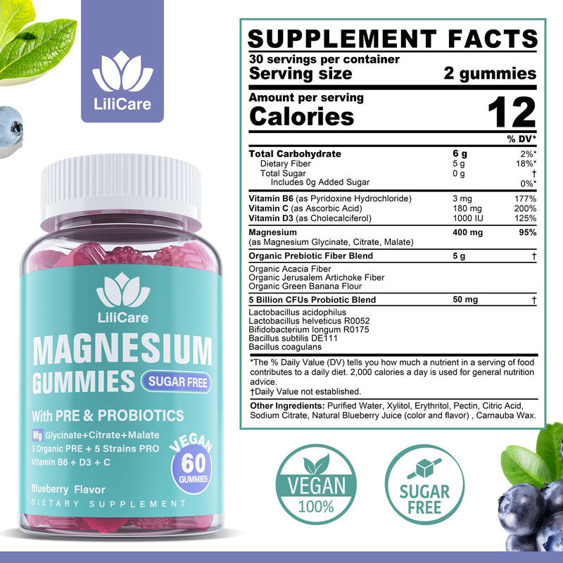 Magnesium Glycinate Citrate Malate Complex Gummies Sugar Free, Vegan, 60ct | Triple Magnesium 400mg with Prebiotics & Probiotics, Calm Gummies Supplement Plus Vitamin B6, D3 & C for Muscles & Mood 60 Count (Pack of 1)