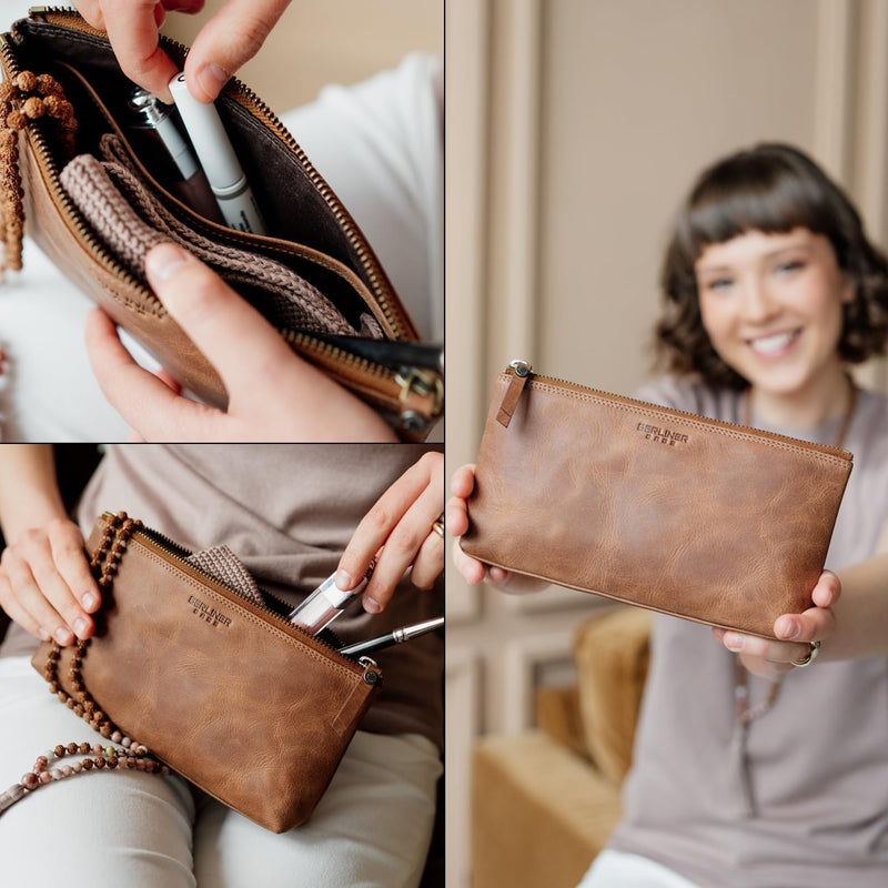 BERLINER BAGS Vintage Genuine Leather Makeup Bag For Women Anna S- Brown | Soft Leather Makeup Bag For Purse, Travel Cosmetics Pouch, YKK Metal Zipper, Slip-in Pocket Camel