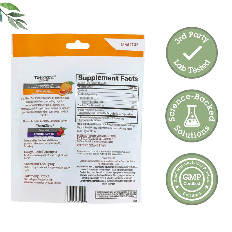 Quantum Health TheraZinc Organic Immune Support Blood Orange, 18 Lozenges | USDA Organic Zinc Gluconate Immune Supplement, Echinacea & Honey, Great Tasting Zinc Lozenges, Adults & Kids
