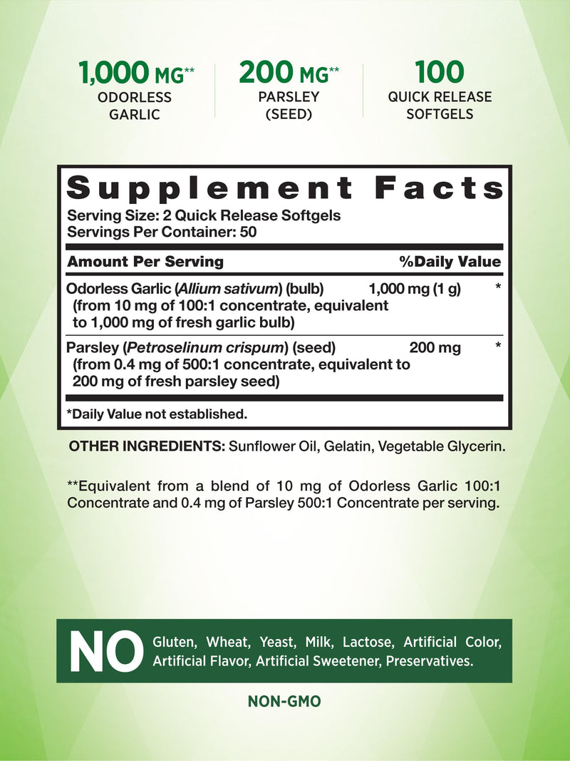 [Australia] - Nature's Truth Odorless Garlic and Parsley | 1200mg | 100 Softgel Capsules | Non-GMO & Gluten Free Extract Supplement 