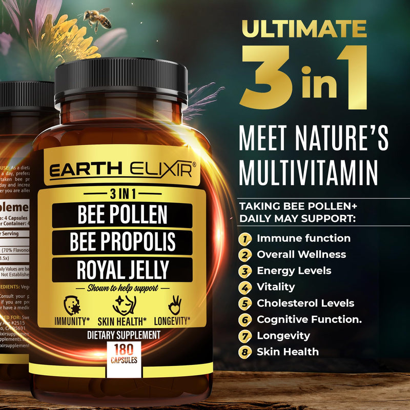 [Australia] - 3-in-1 Bee Pollen Organic 840mg (180 Caps) W/ 840mg Bee Propolis Capsule & 840mg Royal Jelly Capsule - 3rd Party Tested - Bee Pollen Supplement - Organic Bee Pollen Capsule -No Fillers 
