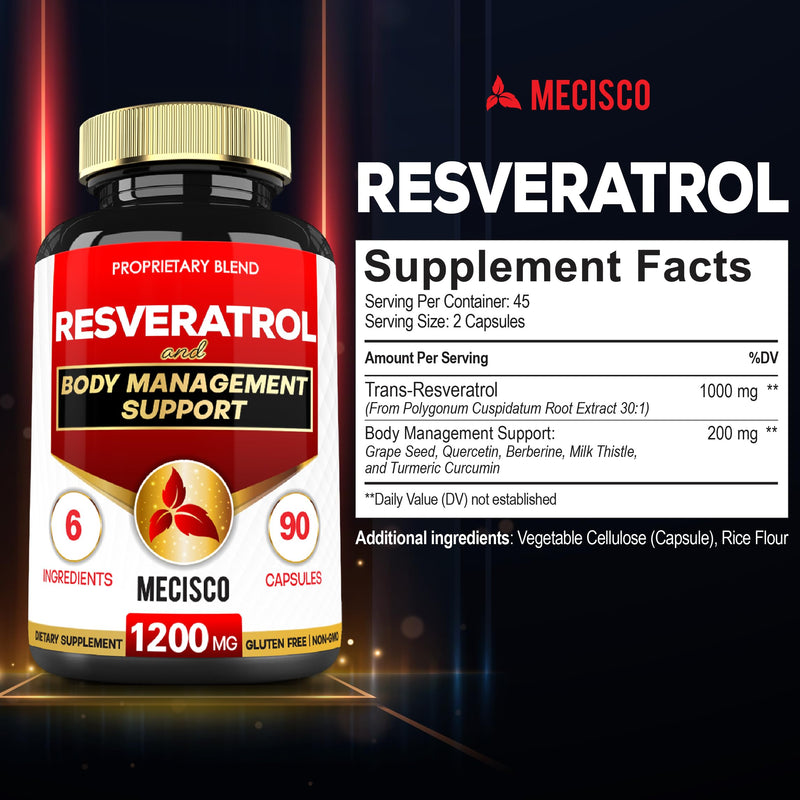 [Australia] - Trans Resveratrol Supplement with Grape Seed, Milk Thistle, and More - Resveratrol 1000mg Organic - 6 Herbal Supports for Immune System, Heart Health, Body Management & Joint Health - 90 Capsules 90 Count (Pack of 1) 