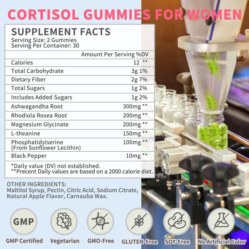 Cortisol Gummies for Women,Cortisol Manager with Ashwagandha,Magnesium,L-theanine,Phosphatidylserine,Rhodiola Rosea,Black Pepper for Mood Support,Adrenal Balance,Sleep,Vegan,Apple Flavor,180 Count 60 Count (Pack of 3)
