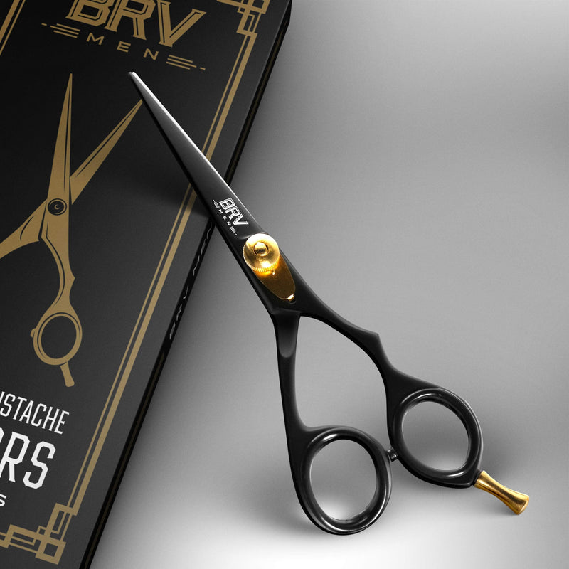 BRV MEN Professional Mustache & Beard Trimming Scissors - 5.5" | High Carbon Stainless Steel & Hammer Forged Mustache Scissors | Razor Sharp Facial Hair Trimming Shears (RIGHT HANDED - Black) Right Handed - Black