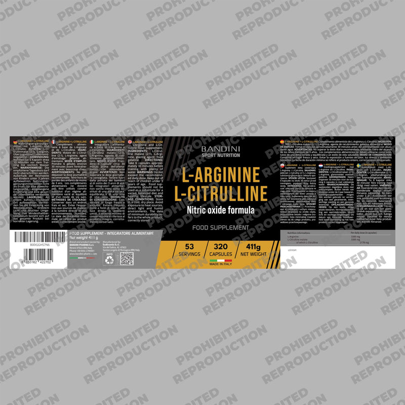 Bandini® L-Arginine + L-Citrulline 320 Capsules (1100 mg per Capsule), Arginine + Citrulline Malate Complex High Strength for Pre-Workout, Gym, Endurance, Muscle Recovery, Semi-Essential Amino Acids