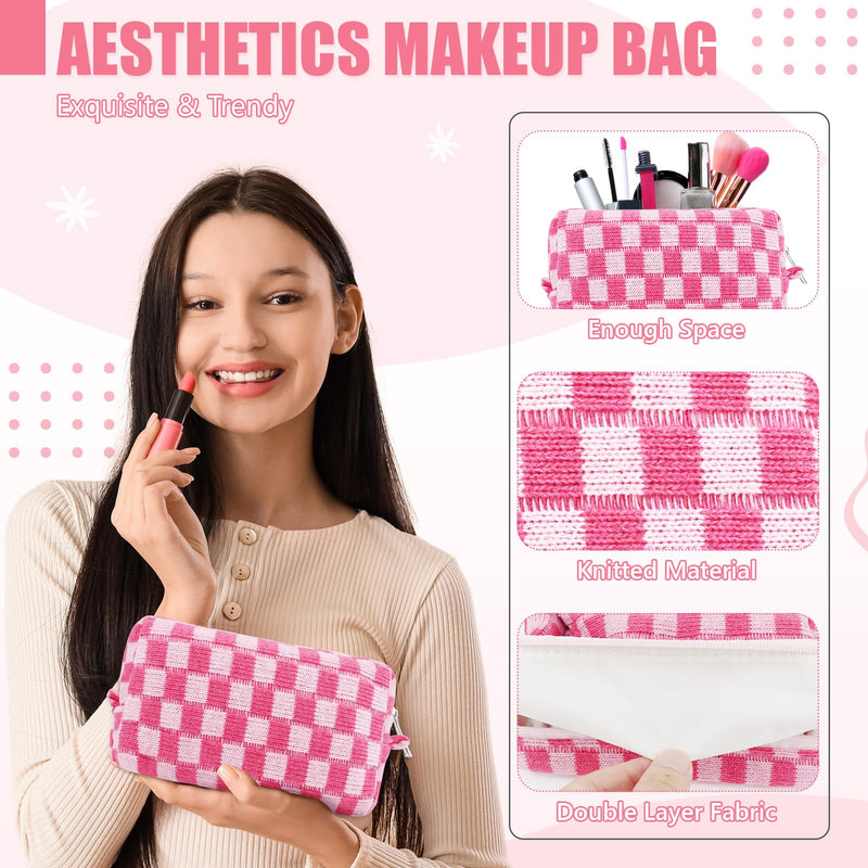 Giesiery 24 Pack Checkered Makeup Bag Bulk Cosmetic Organizer for Women & Teens Preppy Travel Toiletry Pouch for Skincare & Brushes Bridesmaid Proposal Gifts (24, Pink)