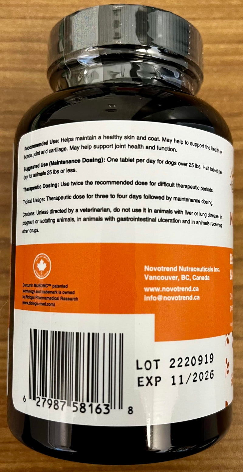 NovoCurcumin Pet+ BioBDMC30 Bone & Joint - Skin & Coat Formula - 90 Chewable Tablets - PawsPlanet Australia