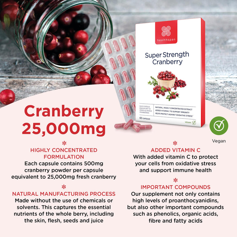 Healthspan Super Strength Cranberry (60 Capsules) | for Immune Health and Wellbeing | Equivalent to 25000 mg Whole Fresh Cranberries | Highly Concentrated Formulation | Added Vitamin C | Vegan