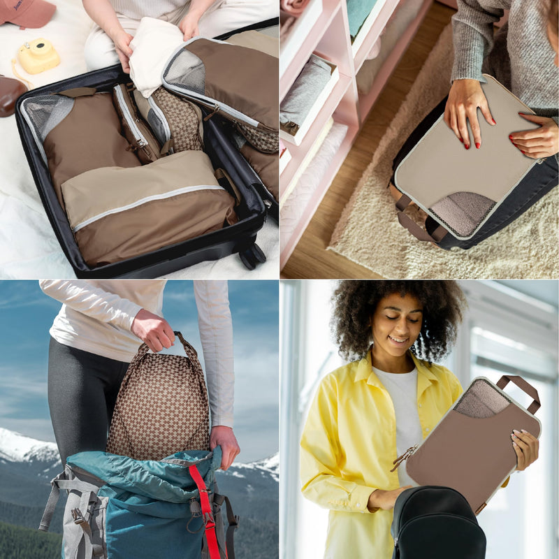 Oriday Set of 8 compression packing cubes for travel accessories- Expandable bags for clothing, toiletry, backpacks, organizing essentials (Beige) Beige