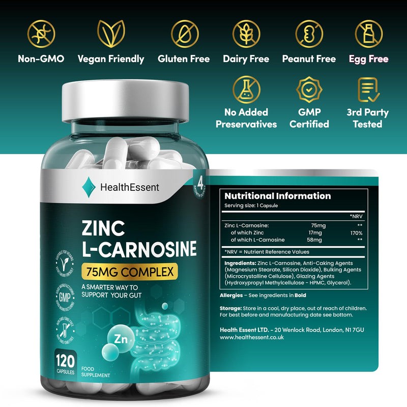 HealthEssent Zinc L-Carnosine Capsules 75mg - Gut & Stomach Health Supplement - (4 Month Supply) Digestive Care & Stomach Lining Protection, Non-GMO, No Preservatives - 120 Vegan Capsules