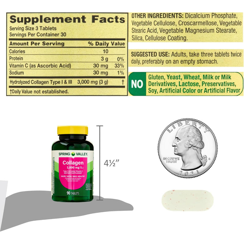 Collagen Type 1 & 3 Plus Vitamin C Hair Skin Nails Health Dietary Supplement Tablets, 1,000 mg, 90 Count by Spring Valley (Pack of 1)