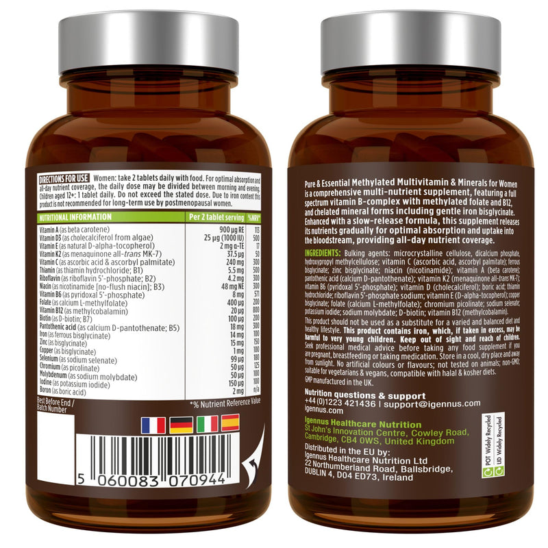 Igennus Methylated Women's Multivitamin with Gentle Iron, 21 Active Nutrients, Pure & Clean, All Day Nutrient Delivery, High Strength B-Vitamins, Easy-to-Swallow, 60 Vegan Tablets, 30 Servings 60 count (Pack of 1) For Women