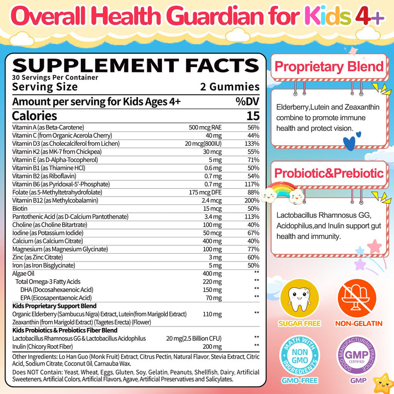 Kids Multivitamin with Probiotics Gummies: Methylated Multivitamin | Sugar-Free Chewable Gummies plus Iron Calcium D3 K2 Elderberry - Picky Eater Immune Growth Digest Health Support, 60Count Peach 60 Count (Pack of 1)