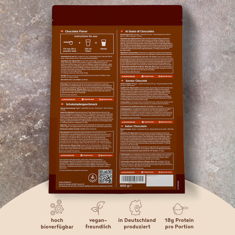 [Australia] - Vegan Protein Powder + Creatine + BCAA | Chocolate | 600g protein powder | Premium quality protein | Made in Germany | Alpha Foods 