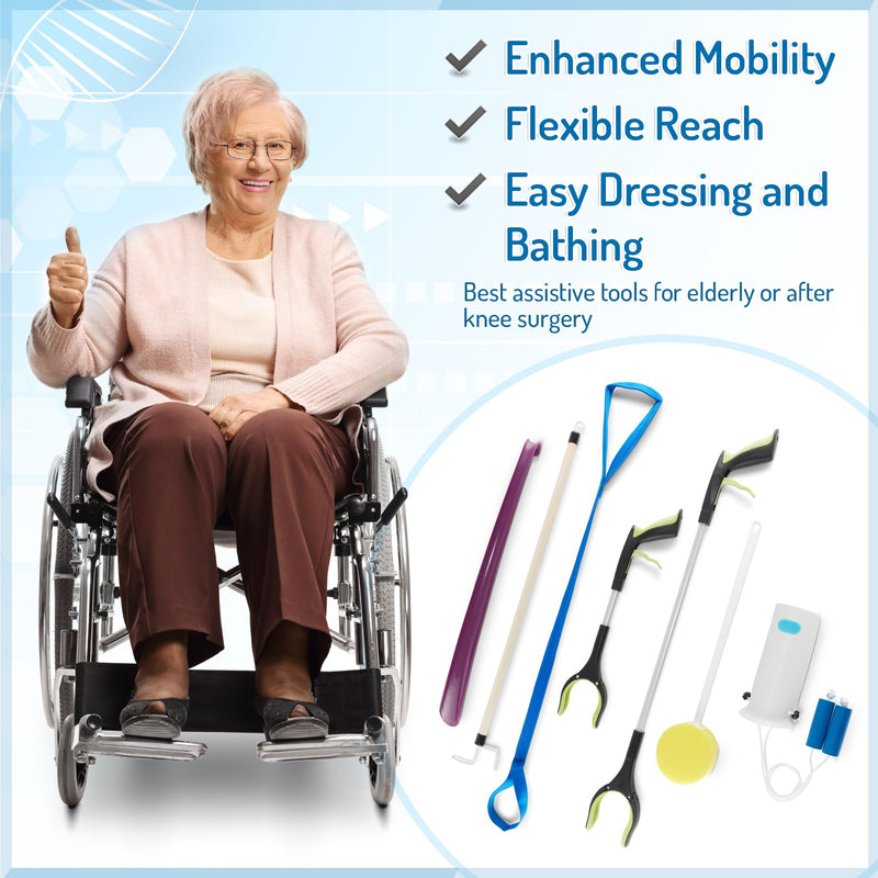 [Australia] - Mars Wellness 7 Piece Deluxe Hip Kit, Hip Replacement Kit After Surgery - Leg Lifter, Sock Aid, 2 Rotating Grabber Reacher, Dressing Stick, Shoe Horn, Bath Sponge - Knee Replacement Recovery Aids Deluxe Premium 7 Piece Kit 