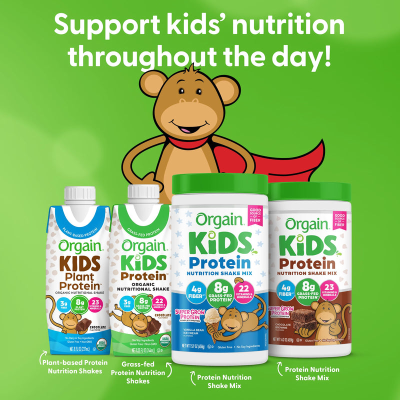 Orgain Kids 8g Grass-Fed Dairy Protein Powder, Vanilla Bean Ice Cream, 1lb | Powder shake mix, 4g fiber, 22 vitamins & minerals, gluten free, no soy, adds nutritents to snacks, for shakes & smoothies 15.9 Ounce (Pack of 1)