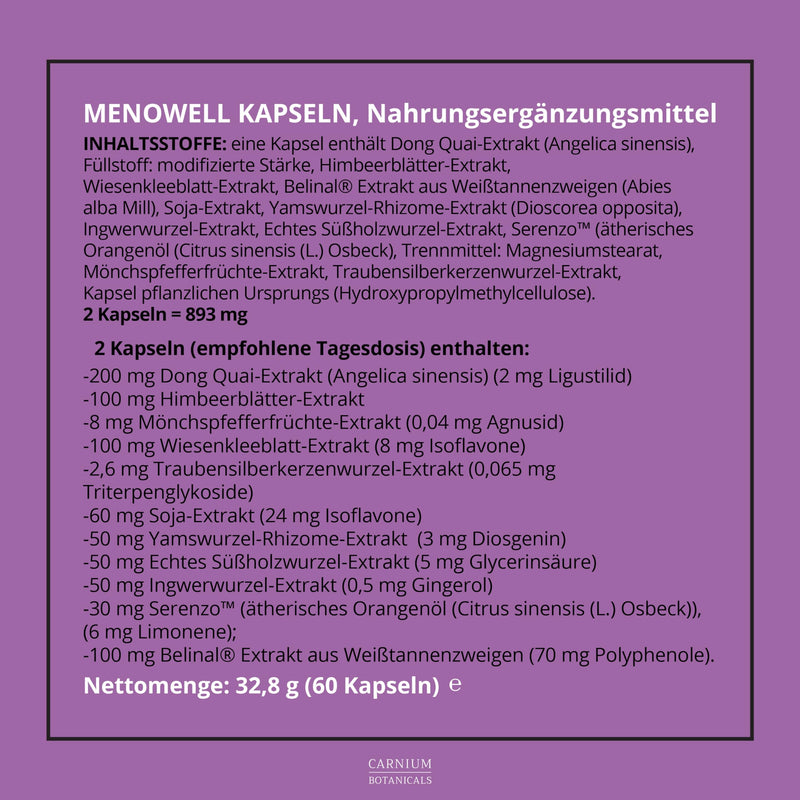 [Australia] - Carnium Botanicals MenoWELL - Meno Complex Menopause for Women - Angelica Sinensis, Raspberry Leaf, Soy Extract and Wild Yam Root - 60 vegan capsules 