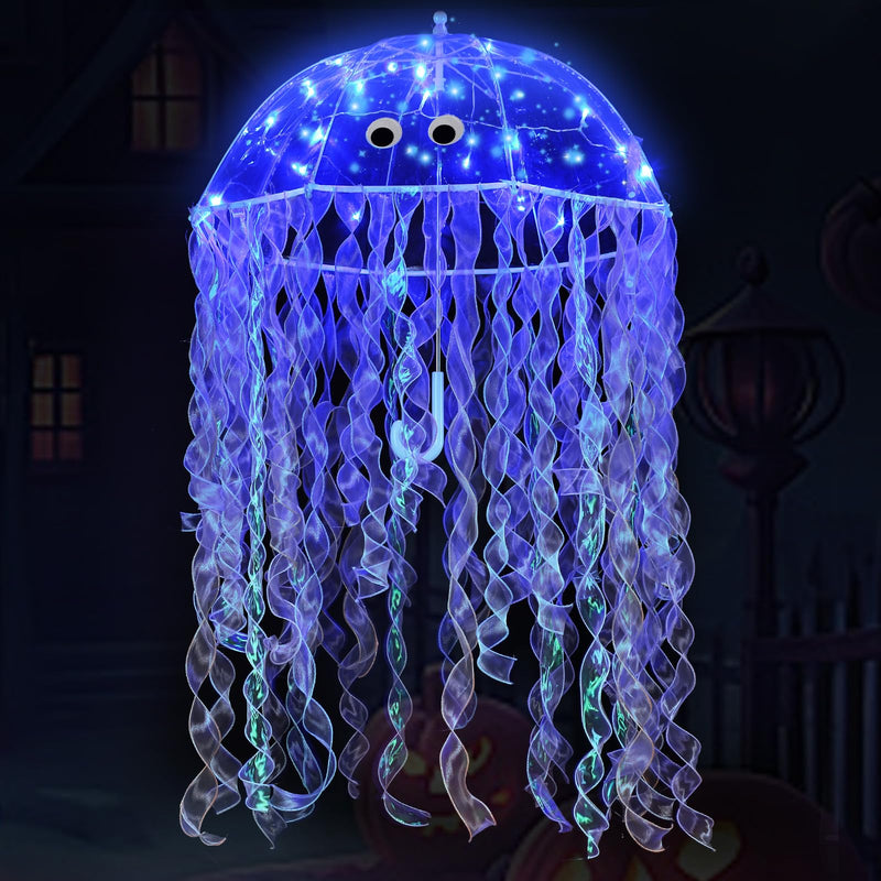 Halloween DIY Jellyfish Costume Set Including Clear Bubble Umbrella Ribbons LED String Lights Eyes and Glue for Halloween Costume Sea Creature Cosplay