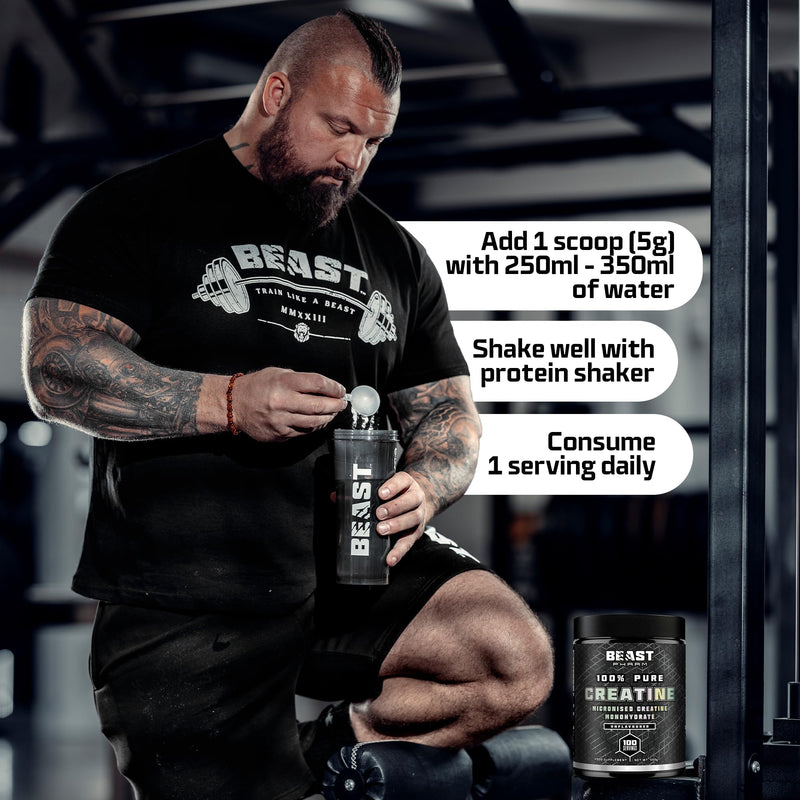 Beast Creatine Monohydrate Powder 100 Servings (500g) Easy Dissolve 100% Pure Micronised Creatine Powder for Strength and Muscles - Unflavoured 100 Servings (500g)